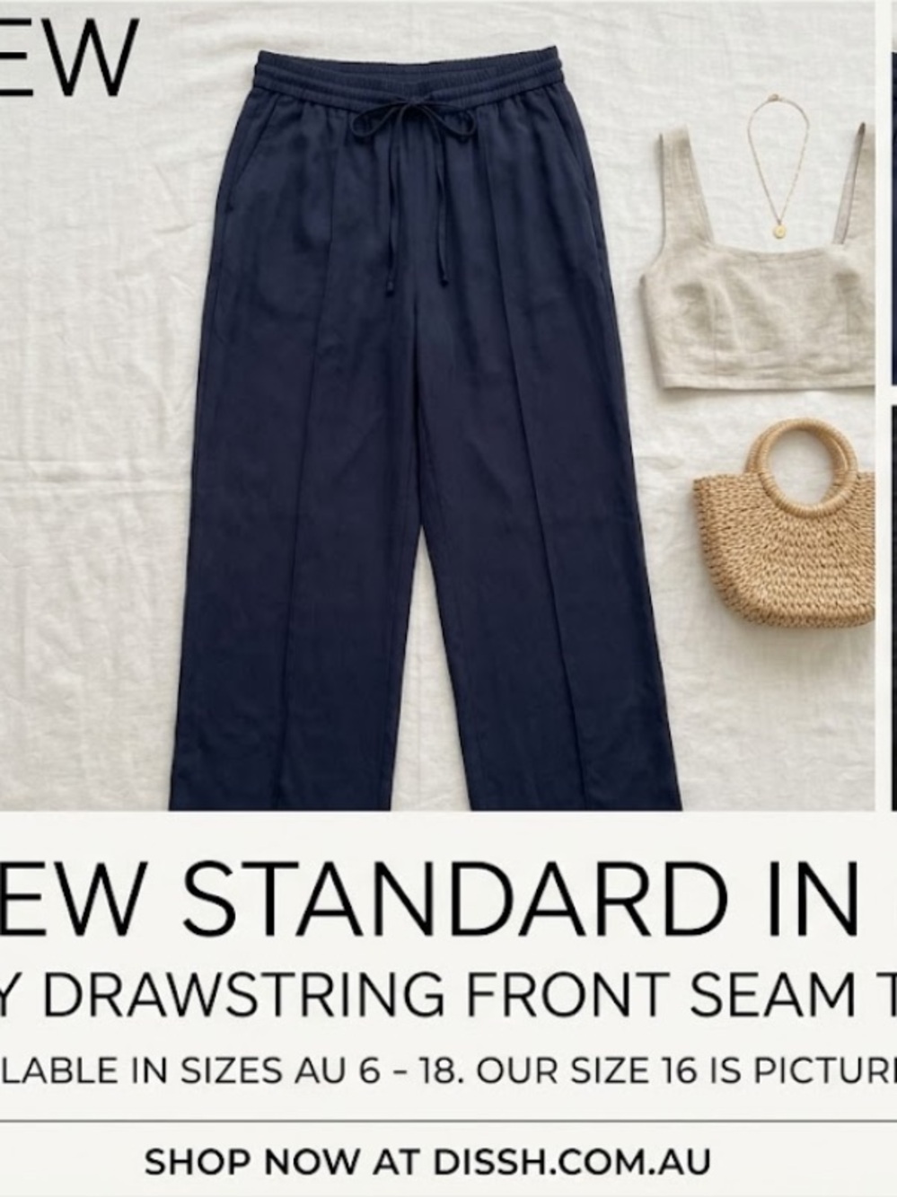 DISSH Navy Drawstring Front-Seam Trousers